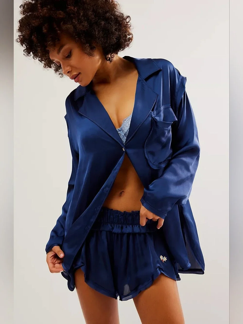 Free People Like Honey PJ Shirt in Navy Blue Size Small